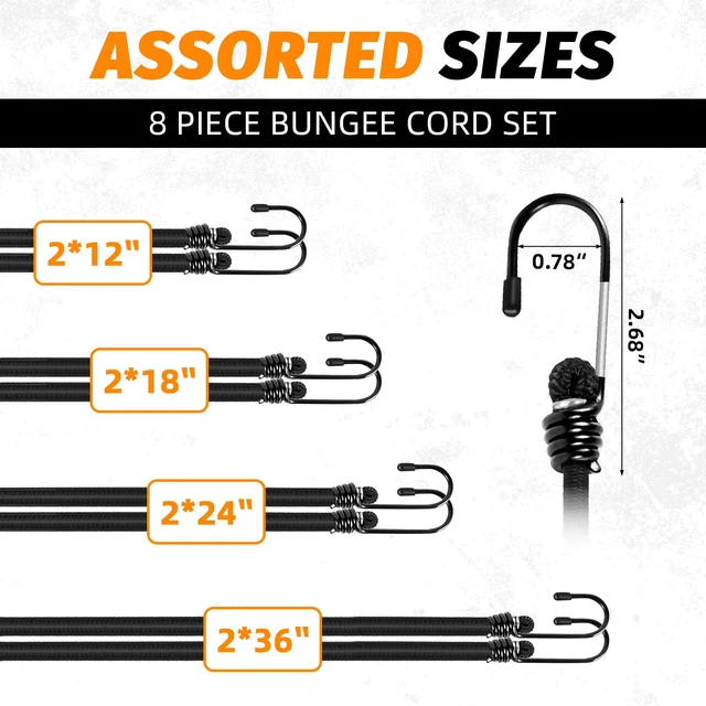 Alt view image 2 of 7 - Heavy Duty Bungee Cords with Hooks, 8Pcs Multi-Size Bungee Cords (12/18/24/36Inch), 1/3Inch Thick, No Odour, Max Load 40kg for Camping, Luggage, Tents, Bikes