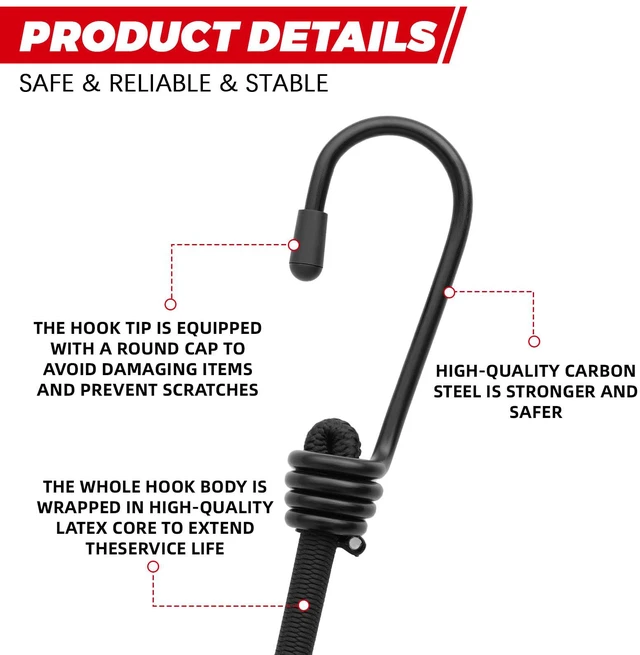 Alt view image 3 of 7 - 4Pcs Bungee Cords with Hooks, Heavy Duty Outdoor Elastic Bungee Straps (80Inch Long), 1/3Inch Thick, No Odour, Max Load 40kg for Camping, Luggage, Tents, Bikes