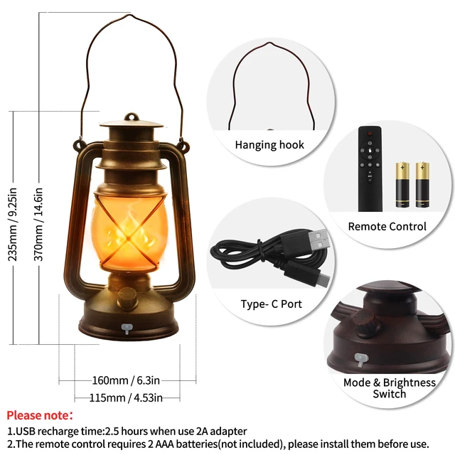 Alt view image 3 of 7 - 2 Pack Bronze Vintage 4 Modes Rechargeable Lanterns with Remote Control Waterproof Hanging LED Lights with Flickering Flame, Outdoor and Indoor Decor for Halloween, Patio, Garden, Pathway, Camping