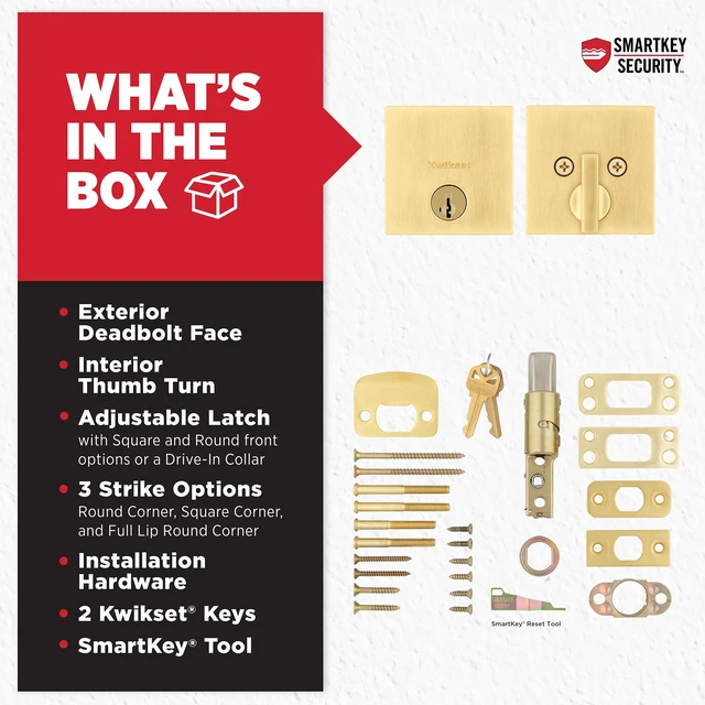 Alt view image 5 of 7 - Downtown Deadbolt Lock, Satin Brass Square Exterior Keyed Front Entry Door, Pick Resistant SmartKey Rekey Security, Single Cylinder Dead Bolt