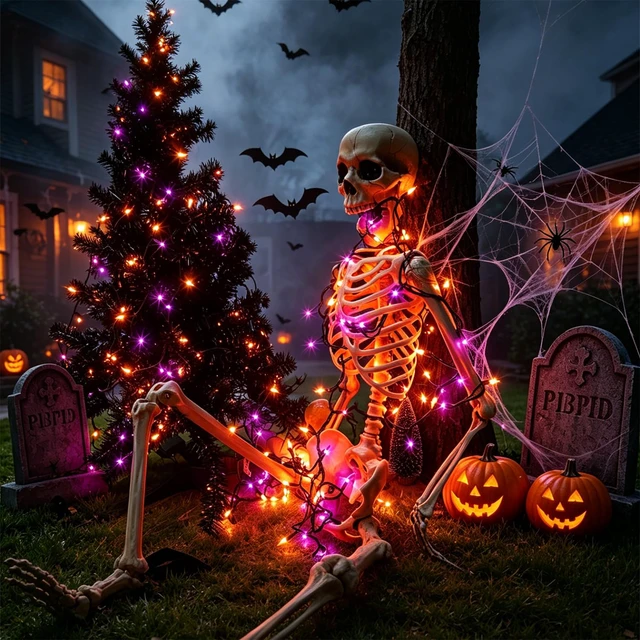 Alt view image 2 of 7 - 3 Sets Halloween Lights, 29ft 150 Count Black Wire Fairy Mini Lights, 120V UL Certified Incandescent Light String, Connectable for Garden Patio Holiday Party Outdoor Decor, Orange & Purple