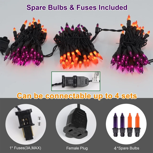 Alt view image 6 of 7 - 3 Sets Halloween Lights, 29ft 150 Count Black Wire Fairy Mini Lights, 120V UL Certified Incandescent Light String, Connectable for Garden Patio Holiday Party Outdoor Decor, Orange & Purple