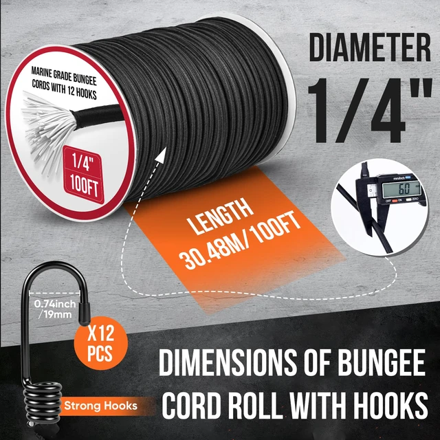Alt view image 2 of 7 - Marine Grade Heavy Duty Bungee Cord Roll with 12 Hooks - Black Elastic Shock Cord Kit for Kayak Deck, Outdoor Camping, Tarp Tie Downs, Bike Rack, DIY Assorted Bungee Ropes (1/4" x 100ft)
