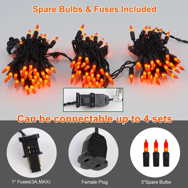 Alt view image 6 of 7 - 3 Pack Halloween Lights Outdoor, Each 29ft 150 Count Black Wire Incandescent Fairy Mini Lights, 120V UL Certified Clear Light String, Connectable for Patio Tree Party Home Decor, Orange