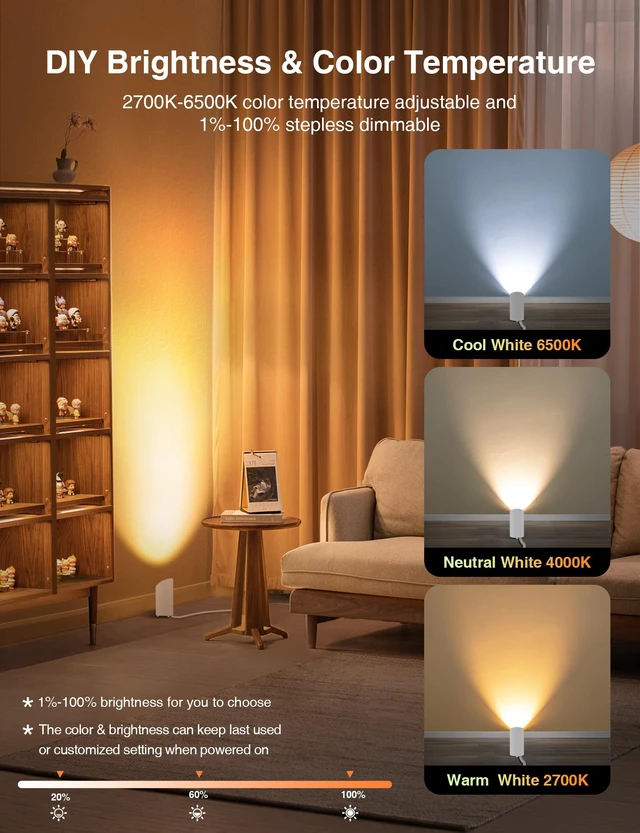 Alt view image 4 of 7 - 5W Smart Floor Can Light Up Lights Indoor, APP Control, RGBCW, 2PCS Uplights Indoor with Timer, 2700K-6500K, Alexa & Google Assistant, Color Changing Spotlights Indoor for Sofa Plant Corner