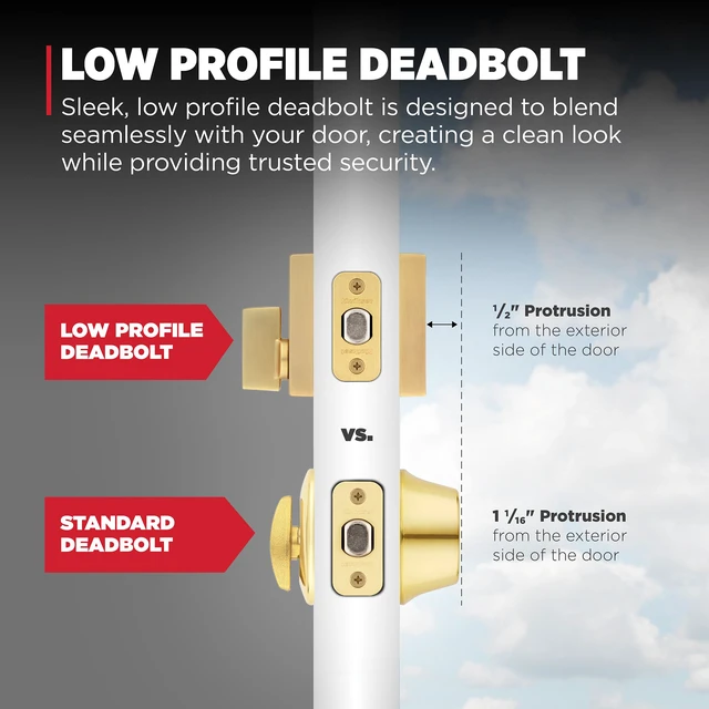 Alt view image 4 of 7 - Downtown Deadbolt Lock, Satin Brass Square Exterior Keyed Front Entry Door, Pick Resistant SmartKey Rekey Security, Single Cylinder Dead Bolt