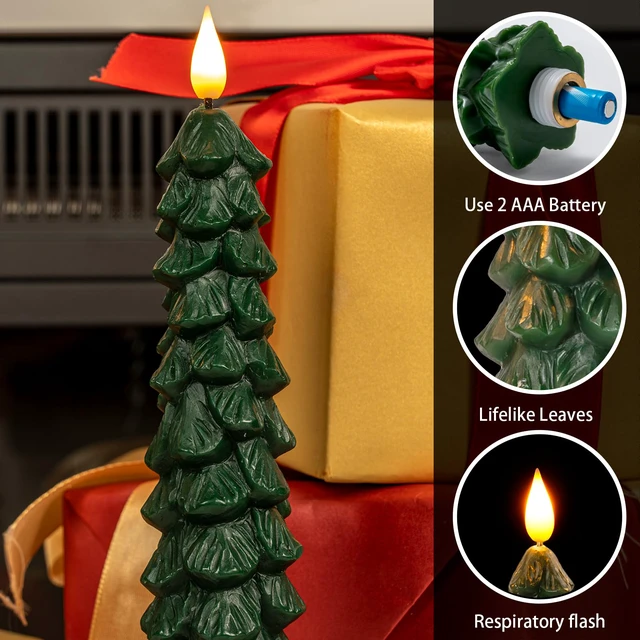 Alt view image 2 of 7 - 3 Pcs Christmas Tree Candles with Remote, Waxy Flameless Taper Candles Flickering, Green LED Candlesticks Battery Operated for New Year Celebration Holiday Decorations 9.7 Inches