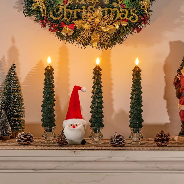 Alt view image 4 of 7 - 3 Pcs Christmas Tree Candles with Remote, Waxy Flameless Taper Candles Flickering, Green LED Candlesticks Battery Operated for New Year Celebration Holiday Decorations 9.7 Inches