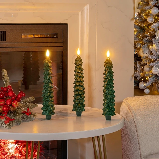 Alt view image 6 of 7 - 3 Pcs Christmas Tree Candles with Remote, Waxy Flameless Taper Candles Flickering, Green LED Candlesticks Battery Operated for New Year Celebration Holiday Decorations 9.7 Inches