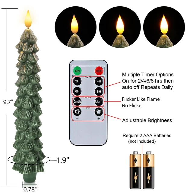Alt view image 5 of 7 - 3 Pcs Christmas Tree Candles with Remote, Waxy Flameless Taper Candles Flickering, Green LED Candlesticks Battery Operated for New Year Celebration Holiday Decorations 9.7 Inches