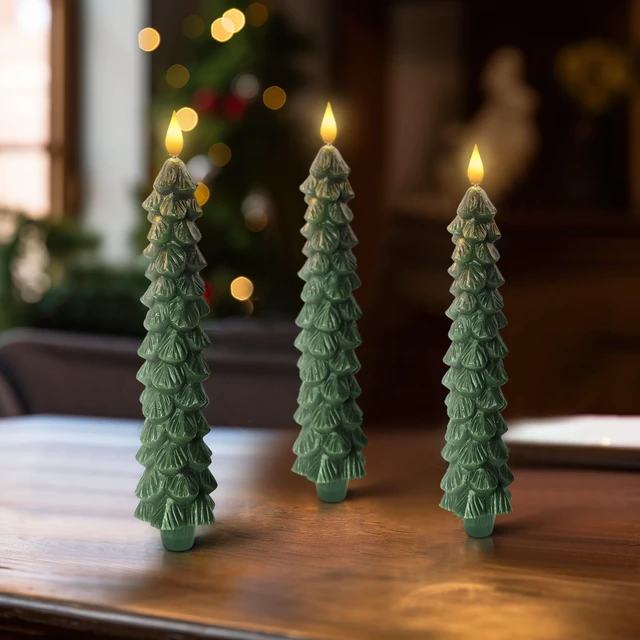 Alt view image 7 of 7 - 3 Pcs Christmas Tree Candles with Remote, Waxy Flameless Taper Candles Flickering, Green LED Candlesticks Battery Operated for New Year Celebration Holiday Decorations 9.7 Inches