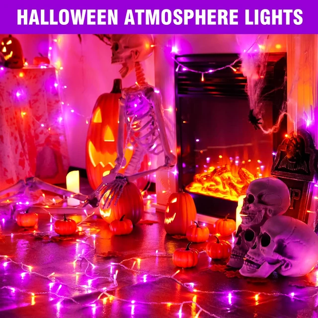 Alt view image 3 of 7 - 100FT Purple and Orange Halloween String Lights Clear Wire LED Mini Lights, 8 Modes, Timer, Plug-in Indoor Outdoor Decor for Tree, Porch, Fence, Yard and Fall