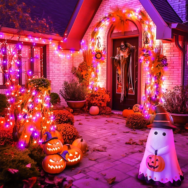 Alt view image 2 of 7 - 100FT Purple and Orange Halloween String Lights Clear Wire LED Mini Lights, 8 Modes, Timer, Plug-in Indoor Outdoor Decor for Tree, Porch, Fence, Yard and Fall