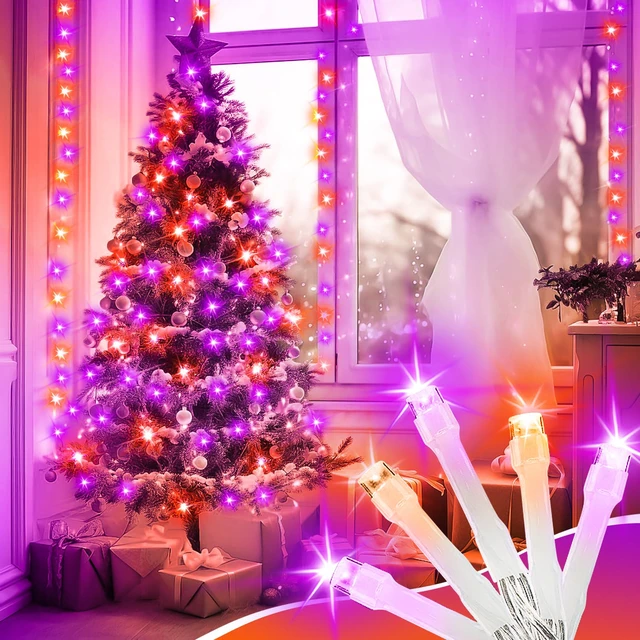 Alt view image 4 of 7 - 100FT Purple and Orange Halloween String Lights Clear Wire LED Mini Lights, 8 Modes, Timer, Plug-in Indoor Outdoor Decor for Tree, Porch, Fence, Yard and Fall