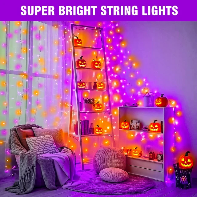 Alt view image 5 of 7 - 100FT Purple and Orange Halloween String Lights Clear Wire LED Mini Lights, 8 Modes, Timer, Plug-in Indoor Outdoor Decor for Tree, Porch, Fence, Yard and Fall