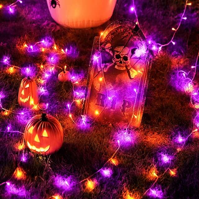 Alt view image 7 of 7 - 100FT Purple and Orange Halloween String Lights Clear Wire LED Mini Lights, 8 Modes, Timer, Plug-in Indoor Outdoor Decor for Tree, Porch, Fence, Yard and Fall