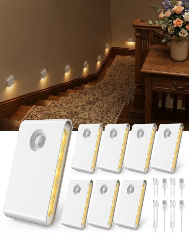 Main image of 8 Pack Motion Sensor Night Lights Indoor, Rechargeable 1500mAh LED Stair Lights with Magnetic & Dimmable, Auto On/Off 3000K Soft White, Adhesive No Drill for Stairs, Hallway, Bathroom, Closet