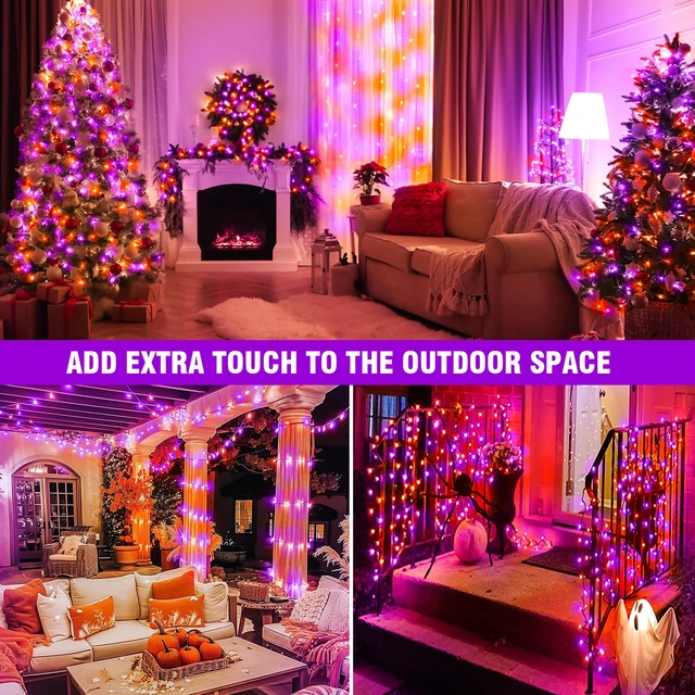 Alt view image 6 of 7 - 100FT Purple and Orange Halloween String Lights Clear Wire LED Mini Lights, 8 Modes, Timer, Plug-in Indoor Outdoor Decor for Tree, Porch, Fence, Yard and Fall
