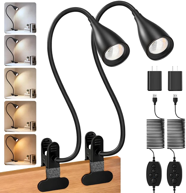 Main image of 2 PCS Reading Light for Book in Bed,Clip on Light Reading Lamp with Adapter 5 Color Modes 10 Brightness, Eye-Caring Clip on Desk Lamp Book Light for Reading in Bed Headboard Bedside Bedroom (Black)