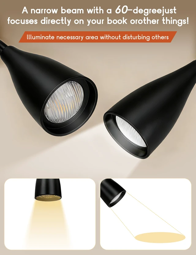 Alt view image 3 of 7 - 2 PCS Reading Light for Book in Bed,Clip on Light Reading Lamp with Adapter 5 Color Modes 10 Brightness, Eye-Caring Clip on Desk Lamp Book Light for Reading in Bed Headboard Bedside Bedroom (Black)