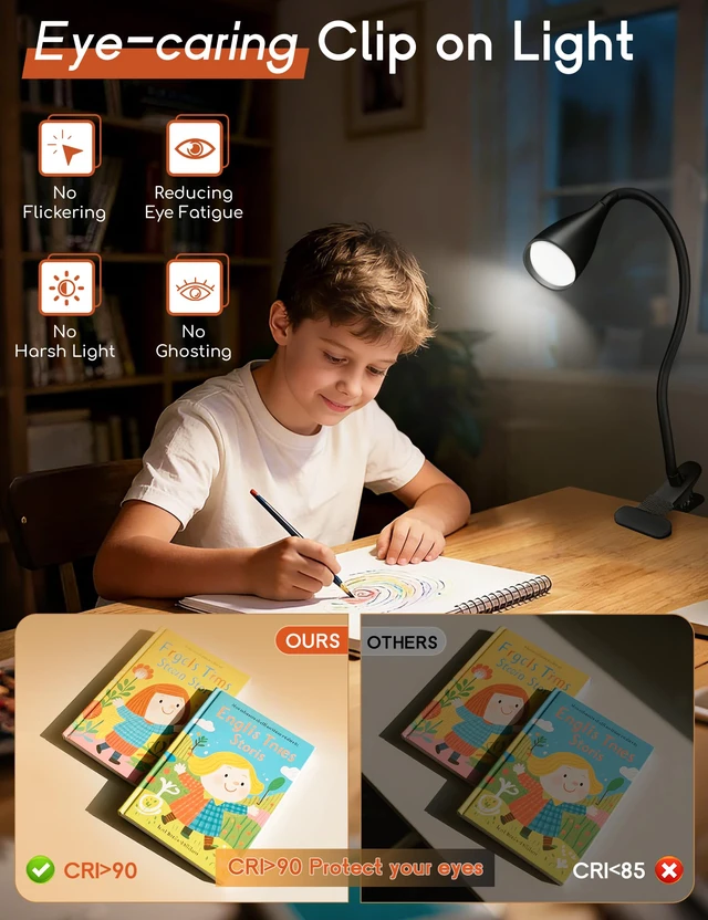 Alt view image 4 of 7 - 2 PCS Reading Light for Book in Bed,Clip on Light Reading Lamp with Adapter 5 Color Modes 10 Brightness, Eye-Caring Clip on Desk Lamp Book Light for Reading in Bed Headboard Bedside Bedroom (Black)