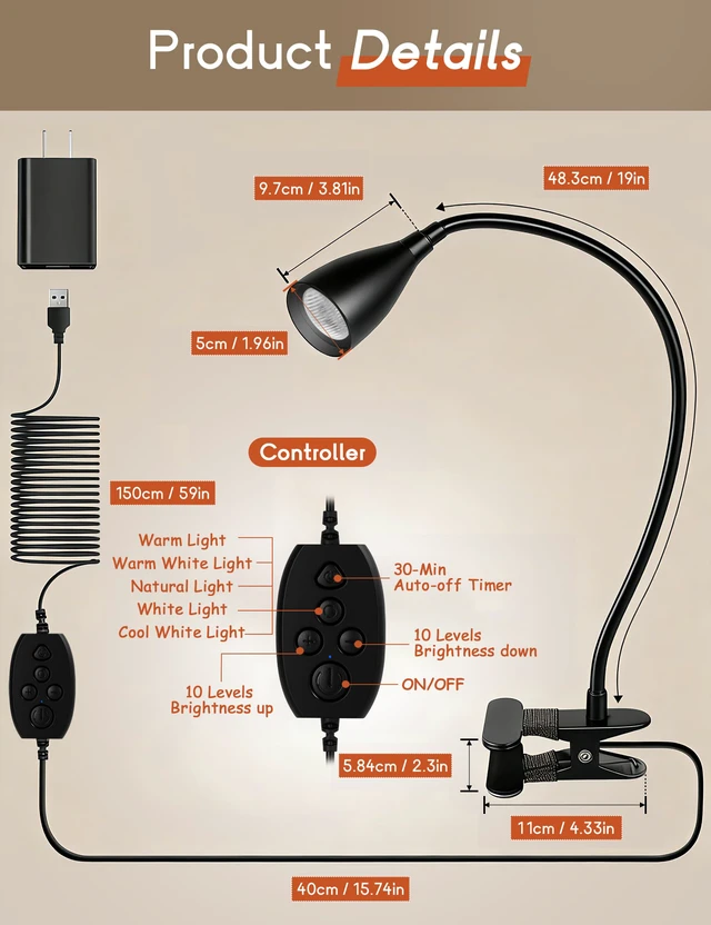 Alt view image 6 of 7 - 2 PCS Reading Light for Book in Bed,Clip on Light Reading Lamp with Adapter 5 Color Modes 10 Brightness, Eye-Caring Clip on Desk Lamp Book Light for Reading in Bed Headboard Bedside Bedroom (Black)