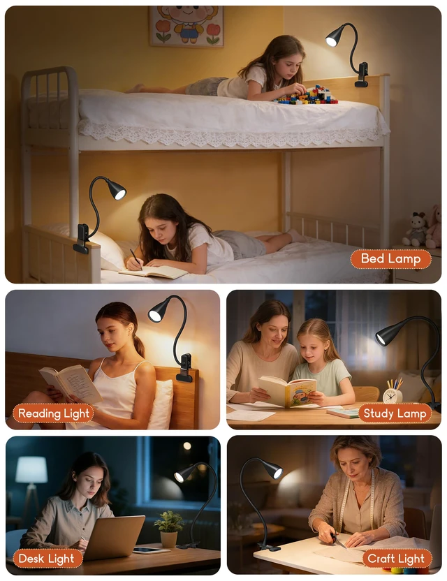 Alt view image 7 of 7 - 2 PCS Reading Light for Book in Bed,Clip on Light Reading Lamp with Adapter 5 Color Modes 10 Brightness, Eye-Caring Clip on Desk Lamp Book Light for Reading in Bed Headboard Bedside Bedroom (Black)