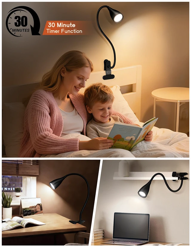 Alt view image 5 of 7 - 2 PCS Reading Light for Book in Bed,Clip on Light Reading Lamp with Adapter 5 Color Modes 10 Brightness, Eye-Caring Clip on Desk Lamp Book Light for Reading in Bed Headboard Bedside Bedroom (Black)
