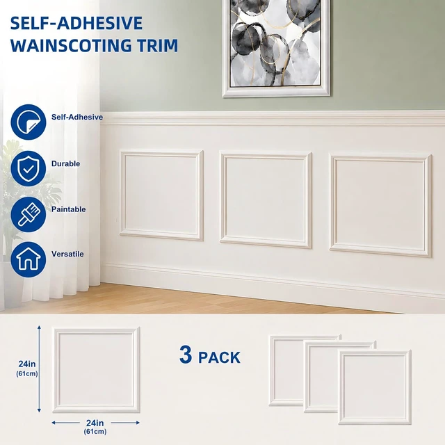 Alt view image 6 of 7 - 3 Set Peel and Stick Wall Molding Kit,Pre Cut Wainscoting Panels,24x24in Self Adhesive,Paintable,PVC,Premade