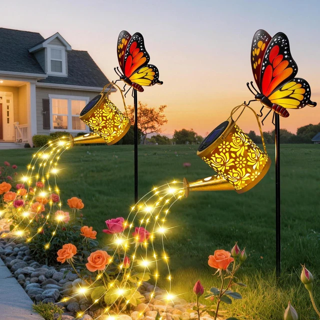 Main image of Solar Garden Lights Outdoor Decor, Butterfly Watering Can Lights, 2 Pack Butterfly Garden Stakes with Cascading Fairy Lights, Waterproof Watering Can Decor for Patio, Porch and Mothers Day Gifts