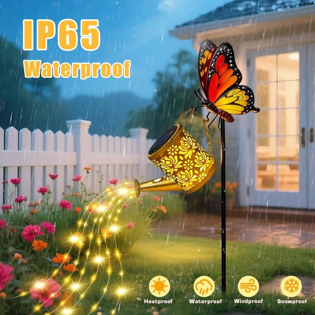 Alt view image 2 of 7 - Solar Garden Lights Outdoor Decor, Butterfly Watering Can Lights, 2 Pack Butterfly Garden Stakes with Cascading Fairy Lights, Waterproof Watering Can Decor for Patio, Porch and Mothers Day Gifts