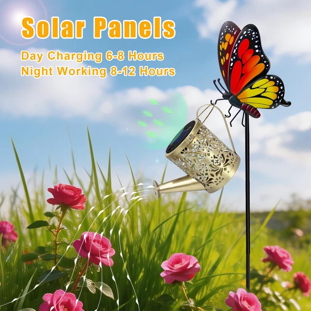 Alt view image 3 of 7 - Solar Garden Lights Outdoor Decor, Butterfly Watering Can Lights, 2 Pack Butterfly Garden Stakes with Cascading Fairy Lights, Waterproof Watering Can Decor for Patio, Porch and Mothers Day Gifts