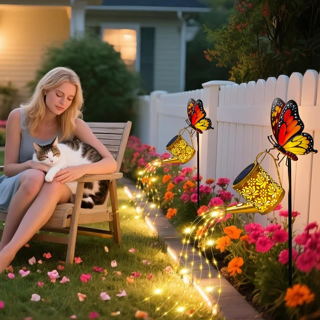 Alt view image 4 of 7 - Solar Garden Lights Outdoor Decor, Butterfly Watering Can Lights, 2 Pack Butterfly Garden Stakes with Cascading Fairy Lights, Waterproof Watering Can Decor for Patio, Porch and Mothers Day Gifts