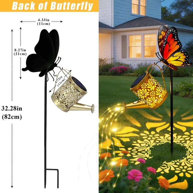 Alt view image 5 of 7 - Solar Garden Lights Outdoor Decor, Butterfly Watering Can Lights, 2 Pack Butterfly Garden Stakes with Cascading Fairy Lights, Waterproof Watering Can Decor for Patio, Porch and Mothers Day Gifts