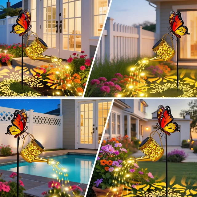 Alt view image 6 of 7 - Solar Garden Lights Outdoor Decor, Butterfly Watering Can Lights, 2 Pack Butterfly Garden Stakes with Cascading Fairy Lights, Waterproof Watering Can Decor for Patio, Porch and Mothers Day Gifts