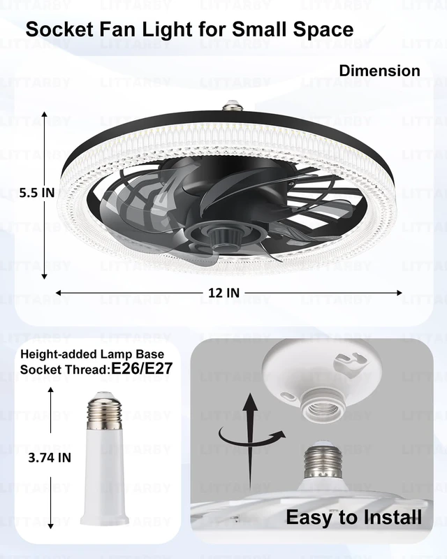 Alt view image 3 of 7 - Ceiling Fans with Lights, Socket Fan Light with Remote Control, Dimmable Brightness 3000K-6500K Memory, Socket Modern Flush Mount Low Profile Ceiling Fan for Bedroom, Small Living Room, Kitchen Black