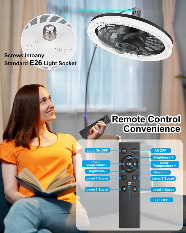 Alt view image 5 of 7 - Ceiling Fans with Lights, Socket Fan Light with Remote Control, Dimmable Brightness 3000K-6500K Memory, Socket Modern Flush Mount Low Profile Ceiling Fan for Bedroom, Small Living Room, Kitchen Black