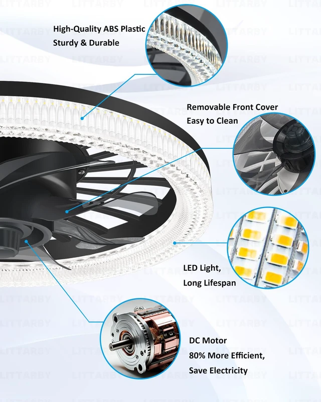 Alt view image 6 of 7 - Ceiling Fans with Lights, Socket Fan Light with Remote Control, Dimmable Brightness 3000K-6500K Memory, Socket Modern Flush Mount Low Profile Ceiling Fan for Bedroom, Small Living Room, Kitchen Black