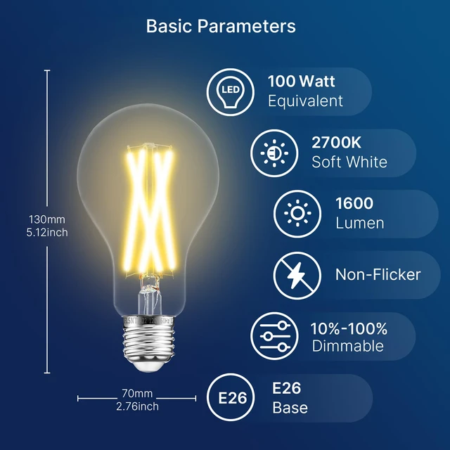 Alt view image 2 of 7 - 100W Eq Dimmable A21 LED, 1600LM, 2700K, E26, 8P 12W, CRI90, clear glass, instant on, no flicker, for table lamps, bedroom, living room, dining room