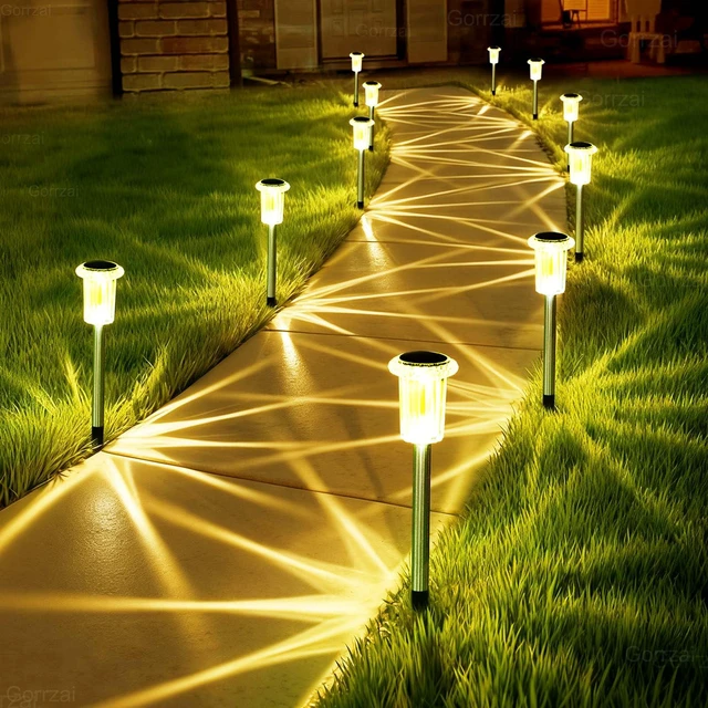 Main image of 10 Pack Solar Lights Outdoor Waterproof Pathway Lights, Warm White Stainless Steel Stake Lights for Yard Garden Walkway Driveway Sidewalk Lawn Landscape Path Outside LED Auto On/Off, Acrylic