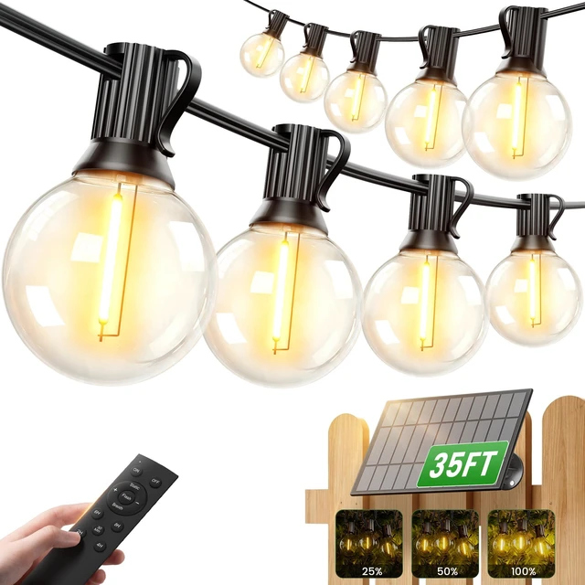 Main image of 35FT Solar String Lights Outdoor, Waterproof Solar Patio Lights with Remote, 17 Shatterproof LED Filament G40 Globe Bulbs, 2200K Soft White, Dimmable Outside Hanging Light for Backyard Deck