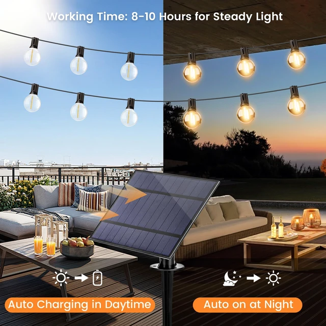 Alt view image 2 of 6 - 35FT Solar String Lights Outdoor, Waterproof Solar Patio Lights with Remote, 17 Shatterproof LED Filament G40 Globe Bulbs, 2200K Soft White, Dimmable Outside Hanging Light for Backyard Deck