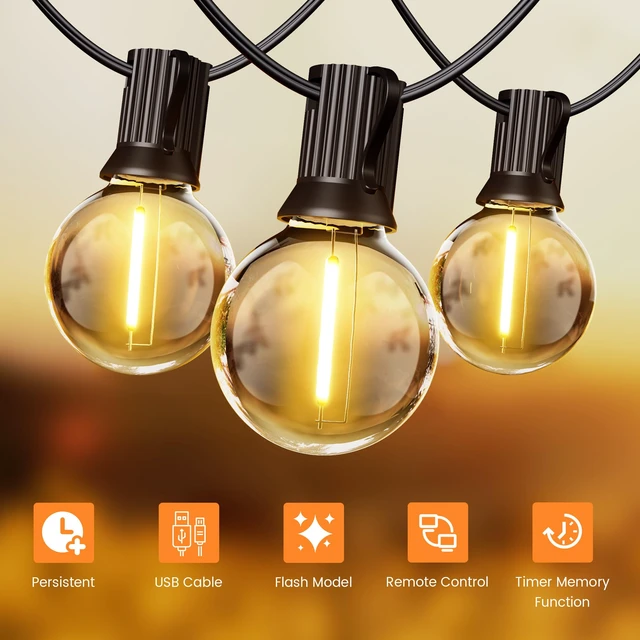 Alt view image 3 of 6 - 35FT Solar String Lights Outdoor, Waterproof Solar Patio Lights with Remote, 17 Shatterproof LED Filament G40 Globe Bulbs, 2200K Soft White, Dimmable Outside Hanging Light for Backyard Deck