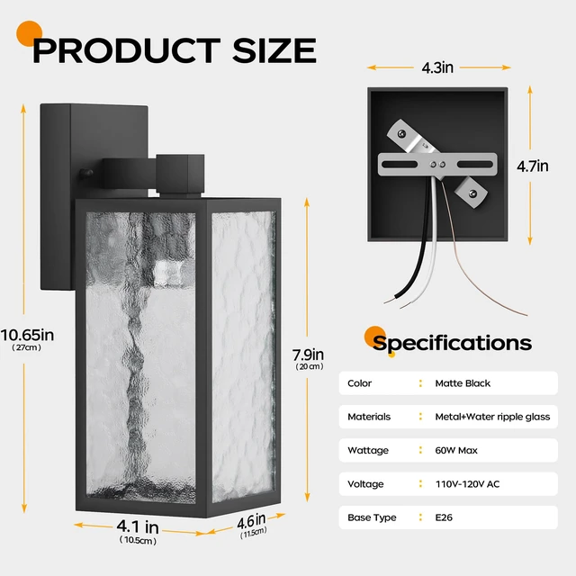 Alt view image 4 of 7 - Exterior Lighting Fixture, Outdoor Front Porch Light Wall Mount 1Pack 10.65inch, Anti-Rust Metal Frame, Tempered Glass, E26 Base, Waterproof, Easy Install, Wall Sconce for Patio, Garage, Entryway