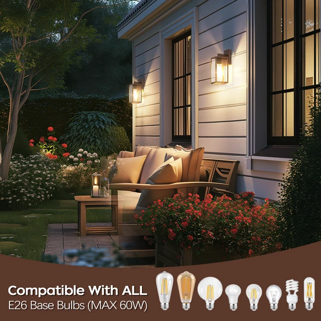 Alt view image 2 of 7 - Outdoor Front Porch Light Wall Mount, Exterior Lighting Fixtures 10.65inch, Anti-Rust Metal Frame, Tempered Glass, E26 Base, Waterproof, Easy Install, Wall Sconce for Patio, Garage, Entryway