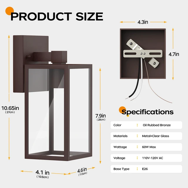 Alt view image 4 of 7 - Outdoor Front Porch Light Wall Mount, Exterior Lighting Fixtures 10.65inch, Anti-Rust Metal Frame, Tempered Glass, E26 Base, Waterproof, Easy Install, Wall Sconce for Patio, Garage, Entryway