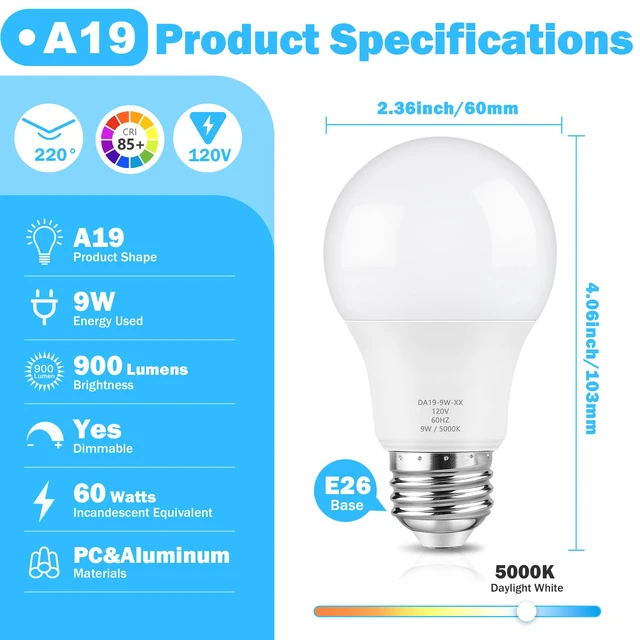 Alt view image 2 of 7 - A19 LED Light Bulb 60W Equivalent, Dimmable 5000K Daylight White 900LM, Efficient 9W Bight White LED Bulb Energy Saving, 85+ CRI, E26 Standard Base Lightbulb for Bedroom Living Room, 30-Pack