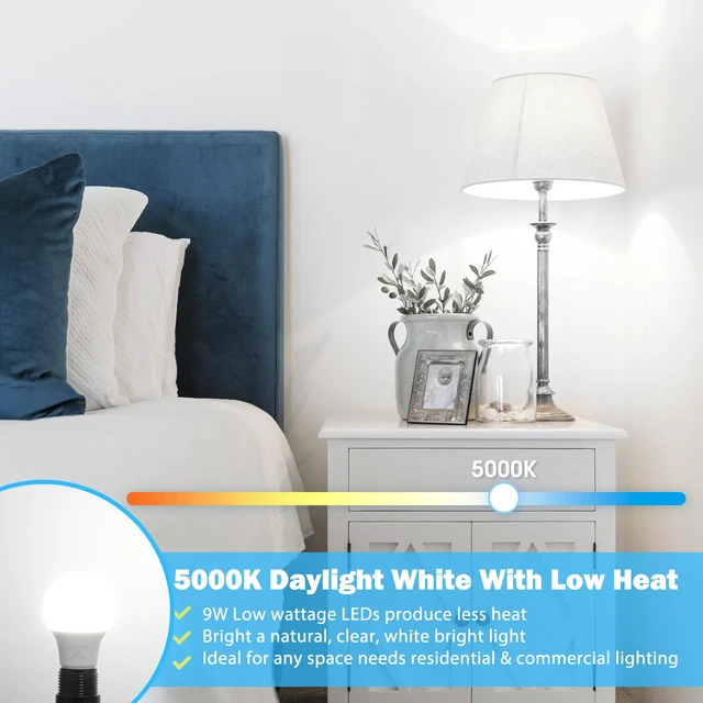 Alt view image 4 of 7 - A19 LED Light Bulb 60W Equivalent, Dimmable 5000K Daylight White 900LM, Efficient 9W Bight White LED Bulb Energy Saving, 85+ CRI, E26 Standard Base Lightbulb for Bedroom Living Room, 30-Pack