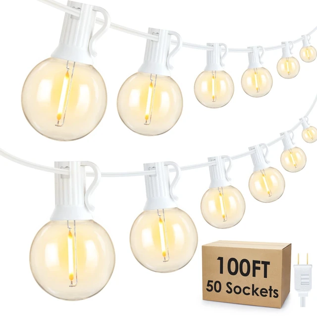 Main image of 100Ft LED Outdoor String Lights, Dimmable Waterproof G40 Globe Patio Lights with 50+3 2700K Shatterproof Bulbs for Cafe Bistro-White Cord