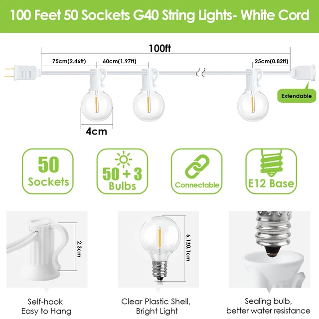 Alt view image 4 of 7 - 100Ft LED Outdoor String Lights, Dimmable Waterproof G40 Globe Patio Lights with 50+3 2700K Shatterproof Bulbs for Cafe Bistro-White Cord